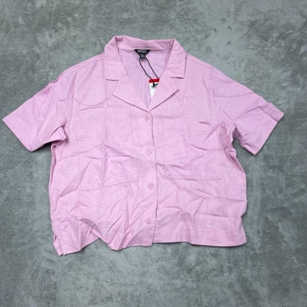 Buffalo David Bitton Womens Pink Linen Blend Shirt M Short Sleeve Collar d0611